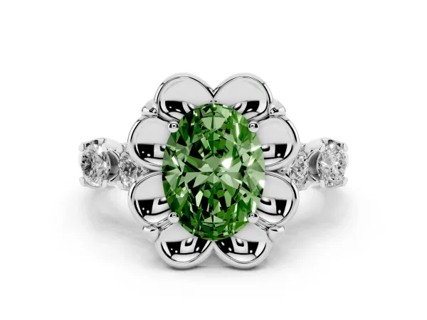 Fancy Green Oval Cut Cut Diamond Floral Halo Engagement Ring with Shared Prong Setting White gold