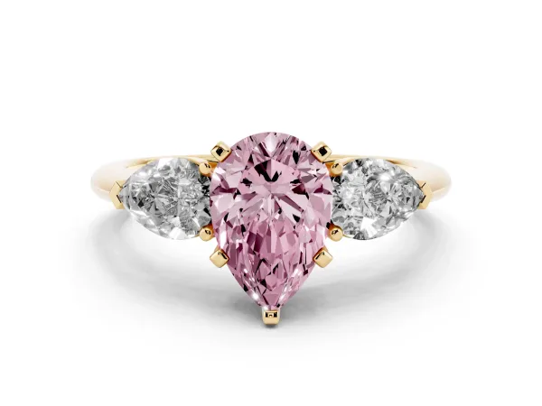 Fancy Pink Three-Stone Pear Cut Diamond Ring with Pear Side Stones and Four-Prong Setting Yellow gold
