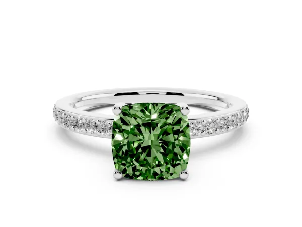 Fancy Green Cushion Cut Cut Diamond Pavé Band Ring with Four-Prong Setting White gold