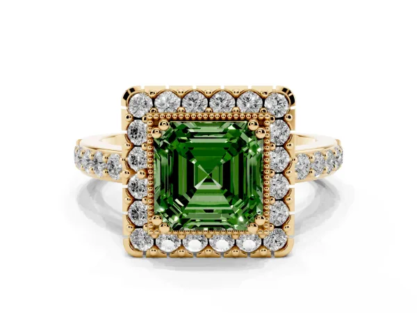 Fancy Green Asscher Cut Diamond Halo Ring with Pavé Band and Prong Setting Yellow gold