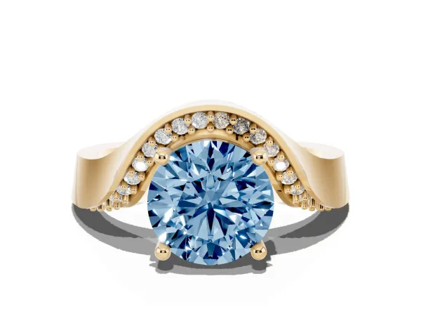 Fancy Blue Round Cut Solitaire Diamond Engagement Ring with Pave Band and Four-Prong Setting Yellow gold