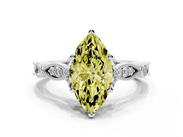 Fancy Yellow Marquise Cut Cut Diamond with Milgrain Marquise and Bezel Accents on a Solitaire Band with Prong Setting White gold