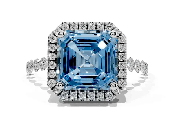 Fancy Blue Asscher Cut Halo Pavé Diamond Engagement Ring with Four-Prong Setting Platinum
