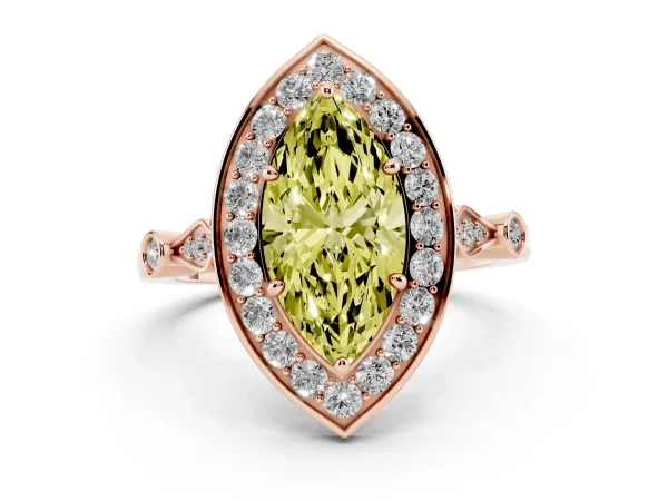 Fancy Yellow Marquise Cut Halo Diamond Engagement Ring with Twisted Band and Four-Prong Setting Rose gold