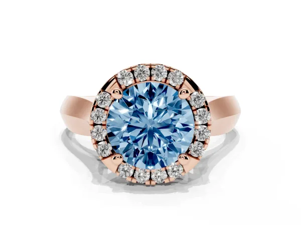 Fancy Blue Round Cut Cut Halo Solitaire Engagement Ring with Square Band and Four-Prong Setting Rose gold