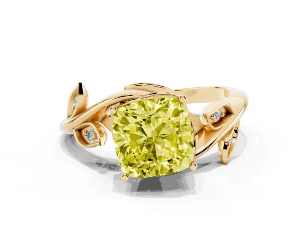 Fancy Yellow Cushion Cut Solitaire Twist Engagement Ring with Leaf Accents and Prong Setting Yellow gold