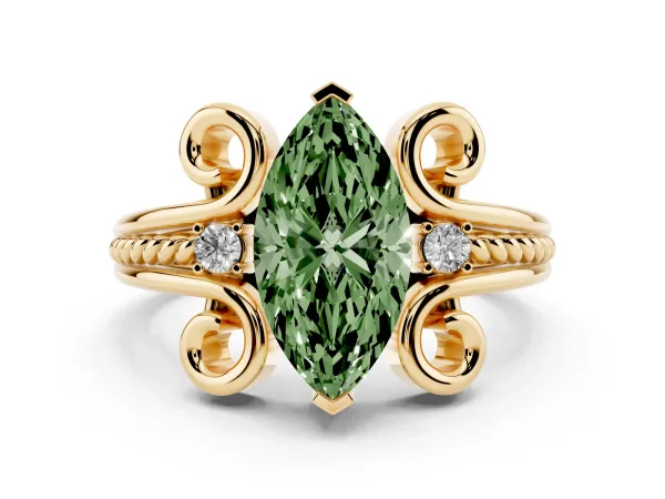 Fancy Green Marquise Cut Solitaire Twisted Band Scroll Prong Ring Yellow gold