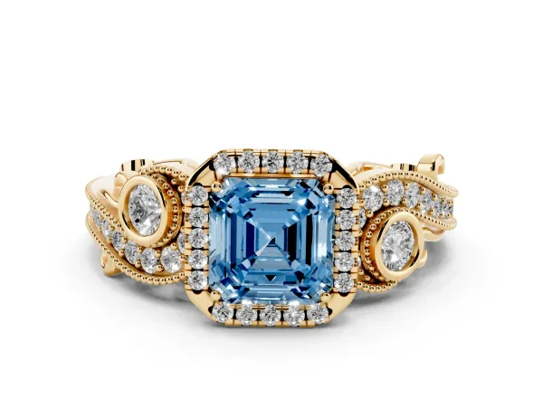 Fancy Blue Asscher Cut Halo Diamond Ring with Milgrain and Bezel Accents on a Split Shank Band Yellow gold