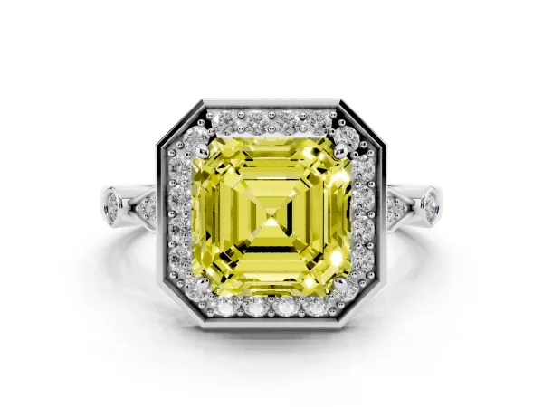 Fancy Yellow Asscher Cut Halo Diamond Engagement Ring with Twisted Band and Four-Prong Setting White gold