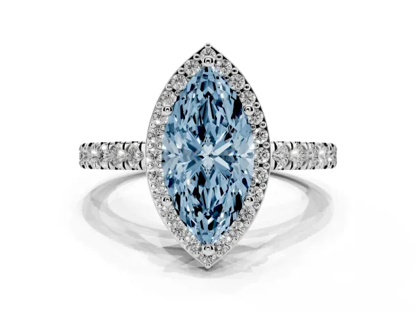 Fancy Blue Marquise Cut Cut Halo Diamond Engagement Ring with Pave Band and Four-Prong Setting Platinum