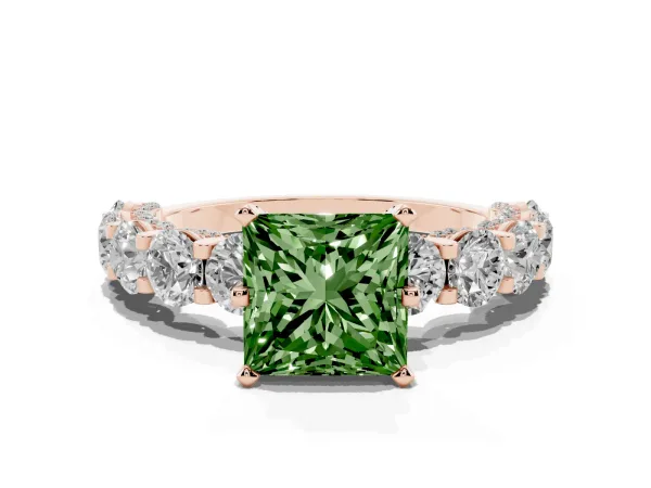 Fancy Green Princess Cut Diamond Side Stone Engagement Ring with Four-Prong Setting Rose gold