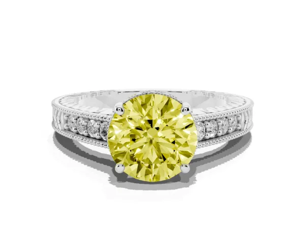 Fancy Yellow Round Cut Solitaire Pavé Diamond Milgrain Engagement Ring with Four-Prong Setting White gold