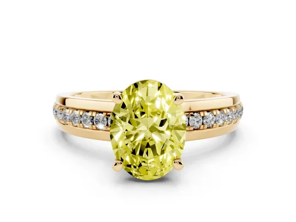 Fancy Yellow Oval Cut Solitaire Diamond Ring with Channel Set Band and Six-Prong Setting Yellow gold