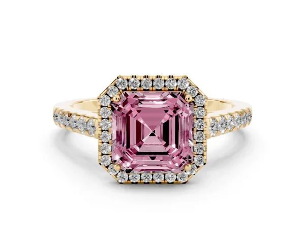 Fancy Pink Asscher Cut Halo Pave Diamond Engagement Ring with Four-Prong Setting Yellow gold
