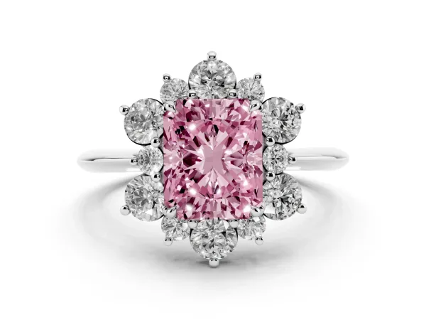 Fancy Pink Radiant Cut Diamond Cluster Halo Ring with Solitaire Band and Four-Prong Setting Platinum