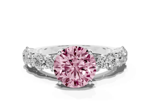 Fancy Pink Round Cut Diamond Prong Setting with Side Stones on a Pave Band White gold