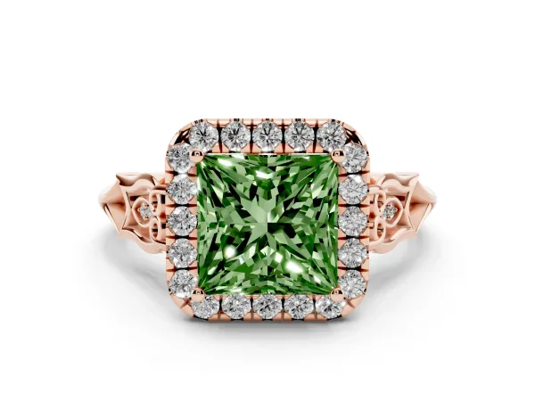Fancy Green Princess Cut Halo Diamond Engagement Ring with Filigree Band and Four-Prong Setting Rose gold