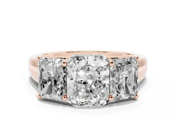 Radiant Cut Three-Stone Diamond Ring with Prong Setting on a Classic Band Rose gold
