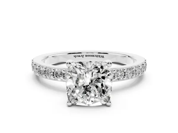 Cushion Cut Cut Diamond Solitaire with Pave Band and Four-Prong Setting Platinum