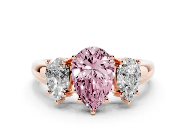 Fancy Pink Three-Stone Pear Cut Diamond Engagement Ring with Prong Setting Rose gold