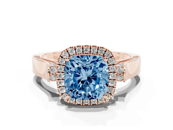 Fancy Blue Cushion Cut Halo Pave Split Shank Prong Setting Ring Rose gold