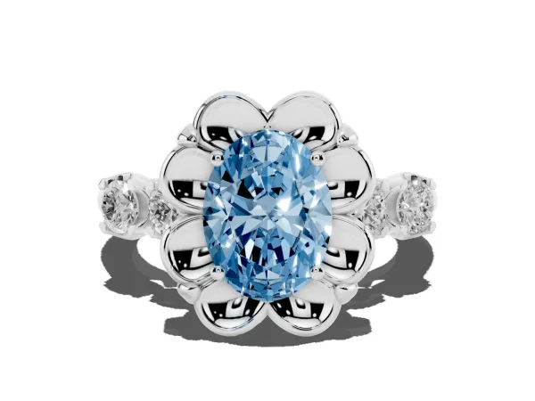 Fancy Blue Oval Cut Cut Diamond Floral Halo Engagement Ring with Shared Prong Setting White gold