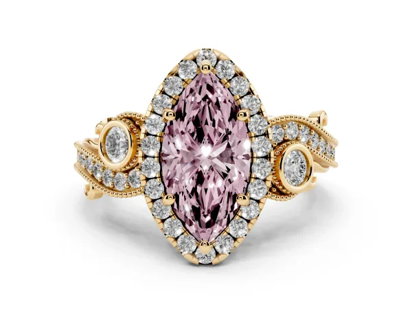 Fancy Pink Marquise Cut Halo Diamond Ring with Milgrain and Bezel Accents on a Split Shank Band Yellow gold