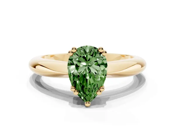 Fancy Green Pear Cut Cut Solitaire Engagement Ring with Tapered Band and Four-Prong Setting Yellow gold