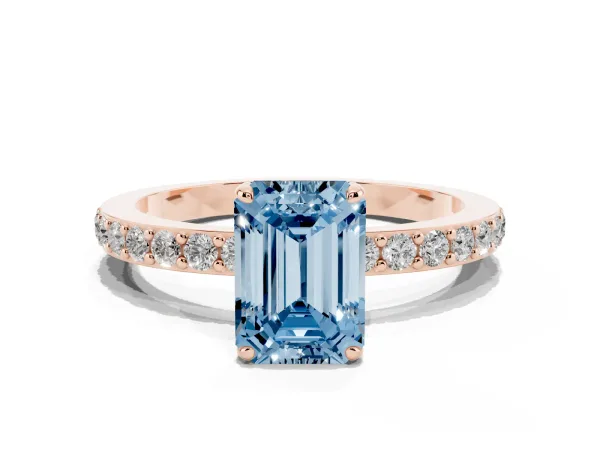 Fancy Blue Emerald Cut Diamond Pavé Engagement Ring with Round Accents and Prong Setting Rose gold