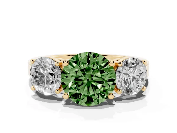 Fancy Green Three-Stone Round Cut Cut Diamond Engagement Ring with Flat Band and Four-Prong Setting Yellow gold