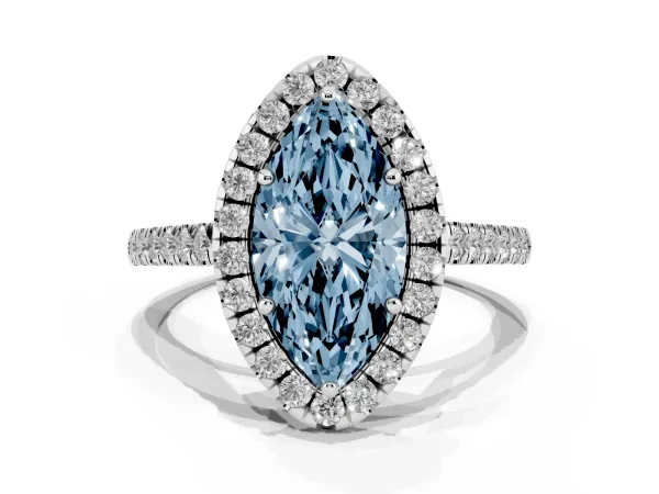 Fancy Blue Marquise Cut Halo Pavé Diamond Engagement Ring with Four-Prong Setting White gold
