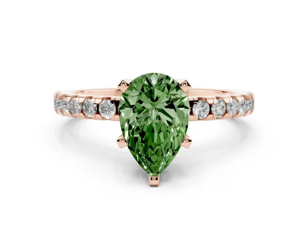 Fancy Green Pear Cut Diamond Solitaire Ring with Round Pavé Band and Four-Prong Setting Rose gold