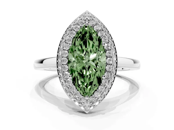 Fancy Green Marquise Cut Halo Diamond Engagement Ring with Solitaire Band and Four-Prong Setting Platinum
