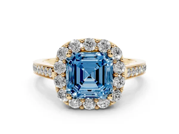 Fancy Blue Asscher Cut Diamond Floral Halo Ring with Pavé Band and Prong Setting Yellow gold