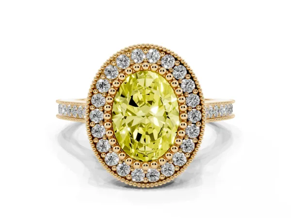 Fancy Yellow Oval Cut Diamond Halo Ring with Milgrain Frame and Pavé Band Yellow gold