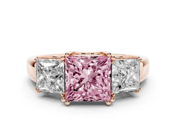 Fancy Pink Three-Stone Princess Cut Cut Diamond Ring with Channel Set Band and Four-Prong Setting Rose gold