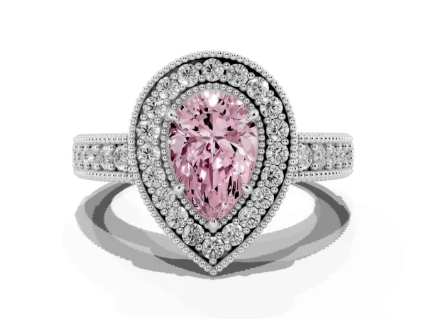 Fancy Pink Pear Cut Cut Halo Diamond Ring with Pavé Band and Four-Prong Setting White gold