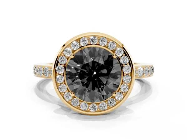 Fancy Black Round Cut Diamond Halo Ring with Bezel Frame and Pavé Band Yellow gold