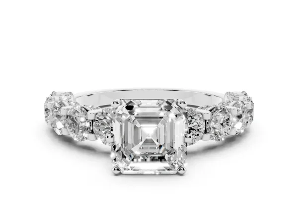 Asscher Cut Diamond Side Stone Engagement Ring with Four-Prong Setting Platinum