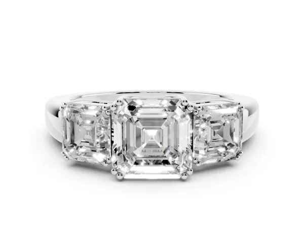 Three-Stone Asscher Cut Cut Diamond Ring with Channel Set Band and Four-Prong Setting White gold