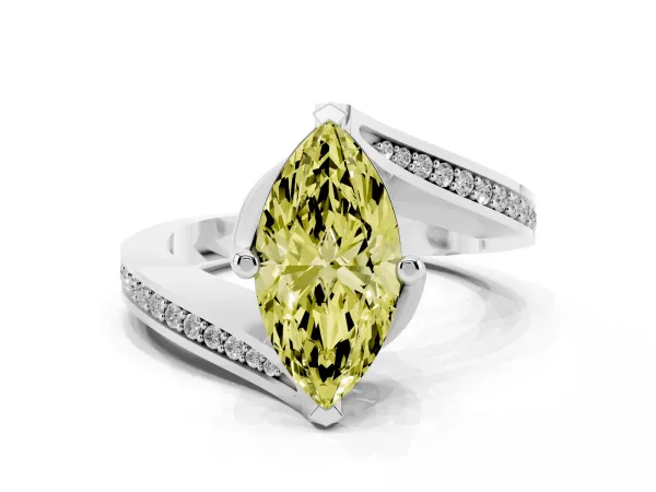 Fancy Yellow Marquise Cut Solitaire Diamond Twist Band with Pavé Setting and Four-Prong Setting Platinum