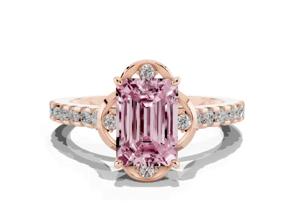 Fancy Pink Emerald Cut Diamond Ring with Pavé Band and Floral Prong Setting Rose gold