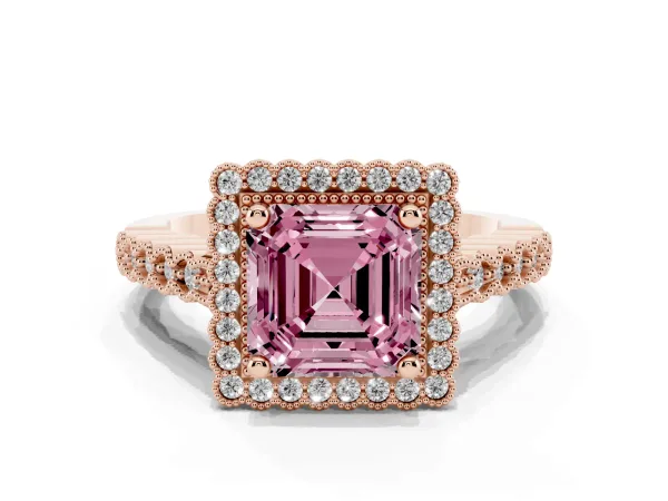 Fancy Pink Asscher Cut Cut Halo Pavé Solitaire Ring with Milgrain Band Rose gold