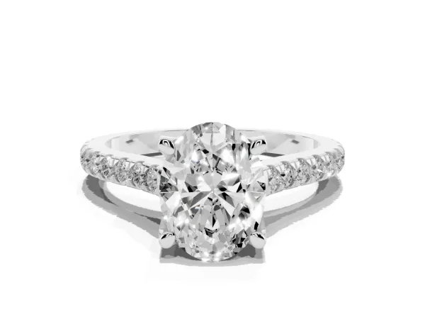 Oval Cut Brilliant Diamond Solitaire with Pavé Band and Four-Prong Setting Platinum