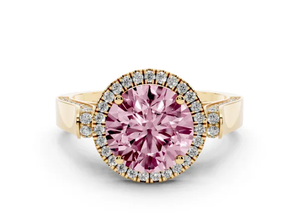 Fancy Pink Round Cut Halo Round Diamond Twist Band with Four-Prong Setting Yellow gold