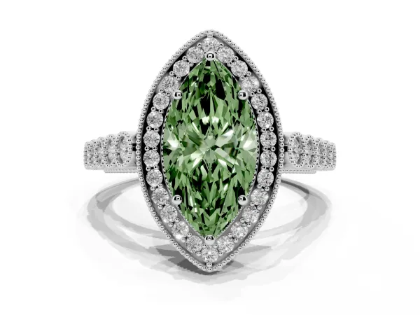 Fancy Green Marquise Cut Halo Milgrain Solitaire with Bezel Set Side Stones and Pave Band White gold