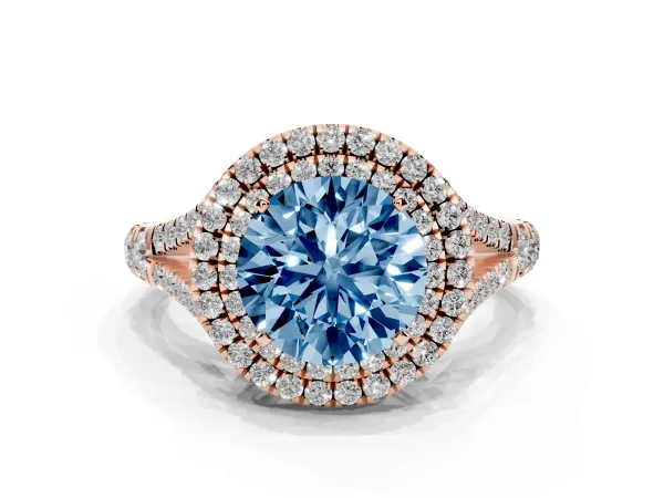 Fancy Blue Round Cut Diamond Pavé Split Shank Double Halo Engagement Ring Rose gold