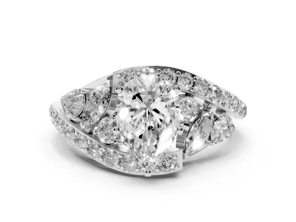 Pear Cut Diamond Halo Ring with Marquise and Pavé Band in Prong Setting Platinum