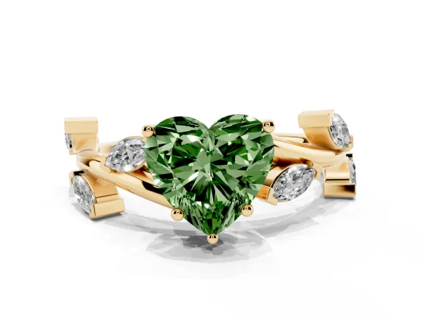 Fancy Green Heart Cut Solitaire Twisted Band Marquise Accent Prong Setting Ring Yellow gold