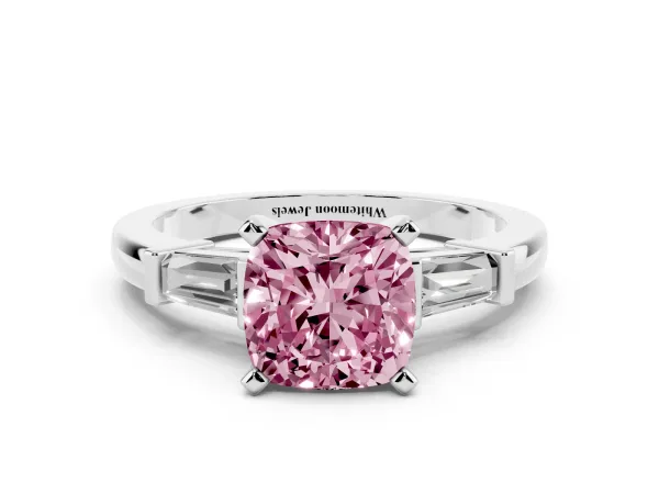 Fancy Pink Cushion Cut Cut Diamond Solitaire Ring with Tapered Baguette Accents and Four-Prong Setting White gold